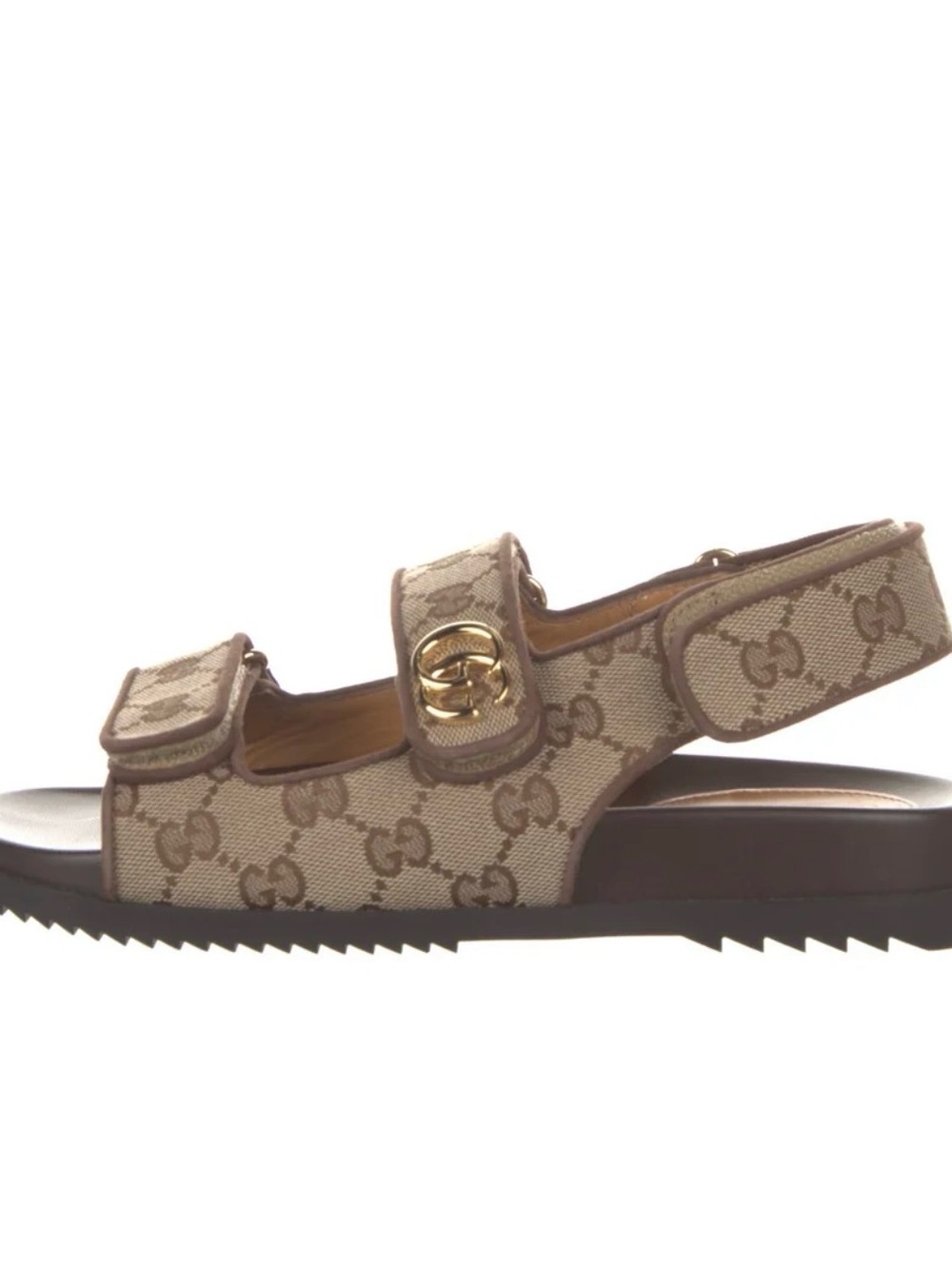 Gucci Brown GG Canvas Double-Strap Sandals with Gold Accent - Picture 2 of 4